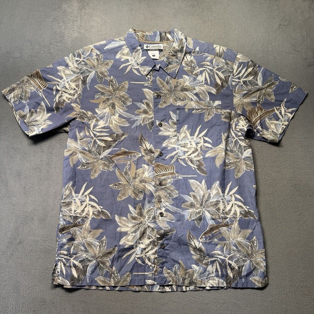 Columbia Sportswear Men’s Large Blue Hawaiian Fish Floral Button Up Shirt Casual